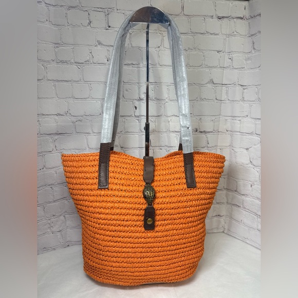 KURT GEIGER Hampton Raffia and Leather Shoulder Tote Bag Orange Brass Eagle Head - Picture 2 of 16